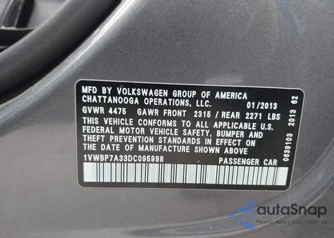 2013 Volkswagen Passat 2.5L Se z USA, uszkodzony, nr VIN 1VWBP7A33DC095998